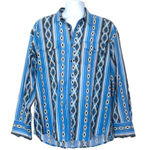 Wrangler Shirt Mens XL Blue White Aztec Western Long Sleeve Pearl Snap